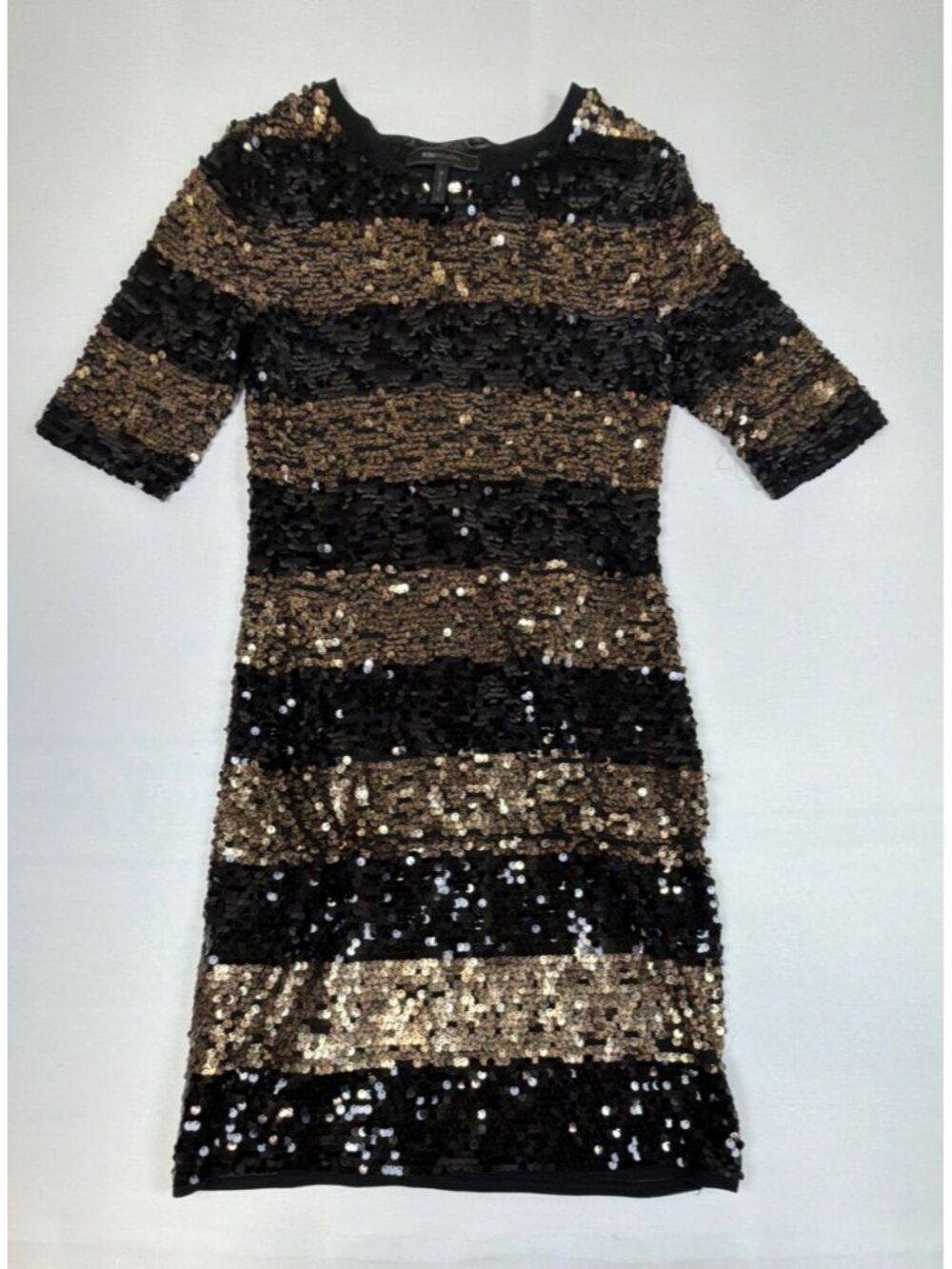BCBGMAXAZRIA Women Medium Black Gold Sequin Striped Short Sleeve Mini Dress - Picture 1 of 6